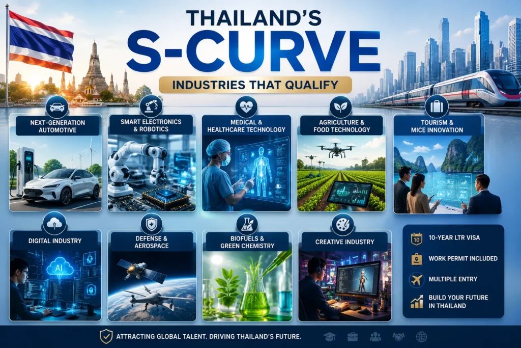 BOI target S-Curve industries eligible for the LTR Visa Highly Skilled Professional category, including technology, healthcare, fintech, robotics, biotechnology, and advanced manufacturing sectors in Thailand