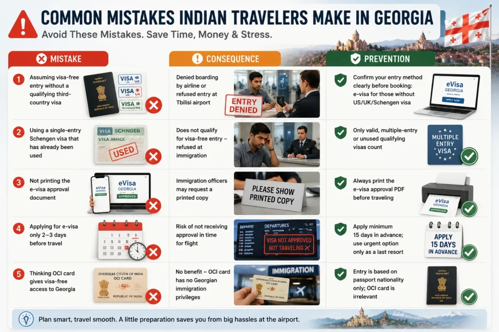 Common mistakes Indian travelers make when visiting Georgia, including visa misunderstandings, e-visa errors, and entry requirement issues.