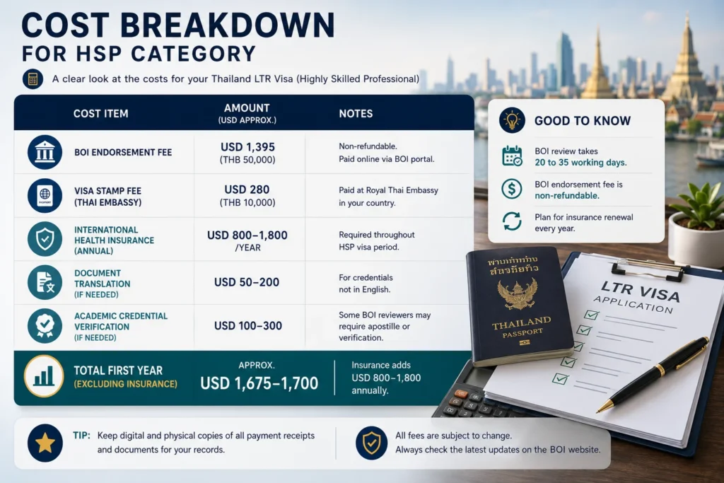 Cost breakdown for the LTR Visa Highly Skilled Professional category showing BOI endorsement fee, visa costs, health insurance, document verification, and application expenses in Thailand.