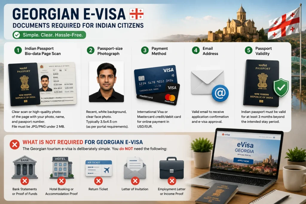 Documents required for Georgian e-visa application for Indian citizens, including passport scan, photograph, payment card, and email address.