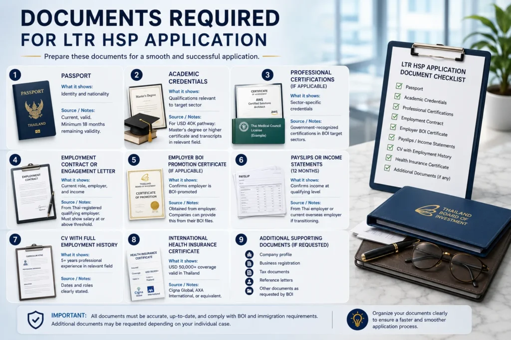 Documents required for the LTR Visa Highly Skilled Professional application, including passport, academic credentials, employment contract, BOI documents, income records, and health insurance.