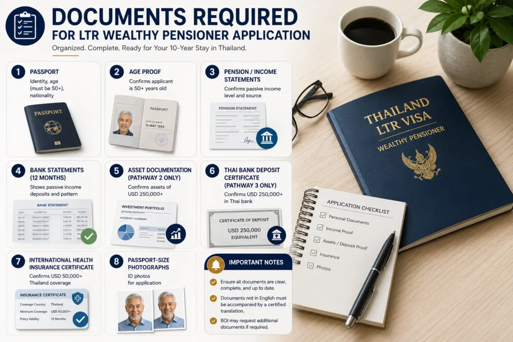 Required documents for the LTR Visa Wealthy Pensioner Category application, including passport, pension statements, bank records, health insurance certificate, and financial documentation.