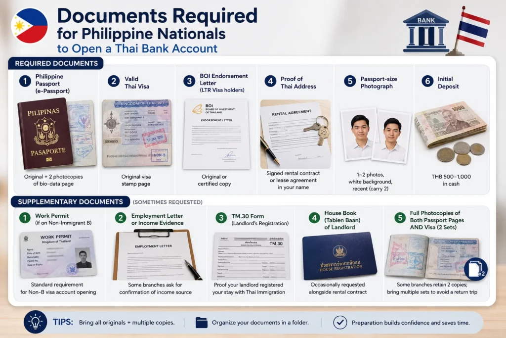 Required documents for Thai bank account Filipino nationals, including Philippine e-Passport, Thai visa, BOI endorsement letter, rental contract, passport photo, and initial deposit.
