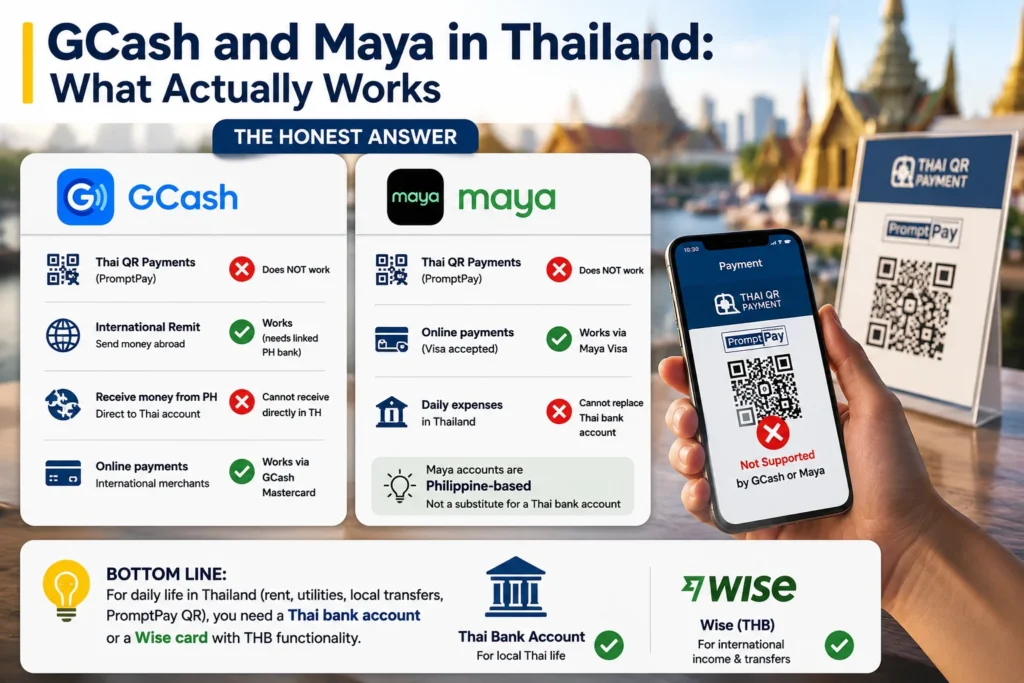 GCash and Maya usage in Thailand for Thai bank account Filipino nationals, showing QR payment limitations, online payment support, and banking alternatives.