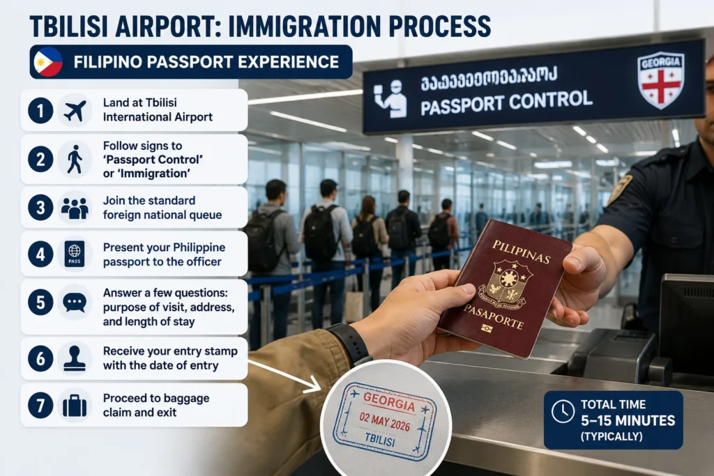 Georgia Visa-Free Filipino Citizens arrival process at Tbilisi International Airport showing a Filipino traveler presenting a Philippine passport at immigration control
