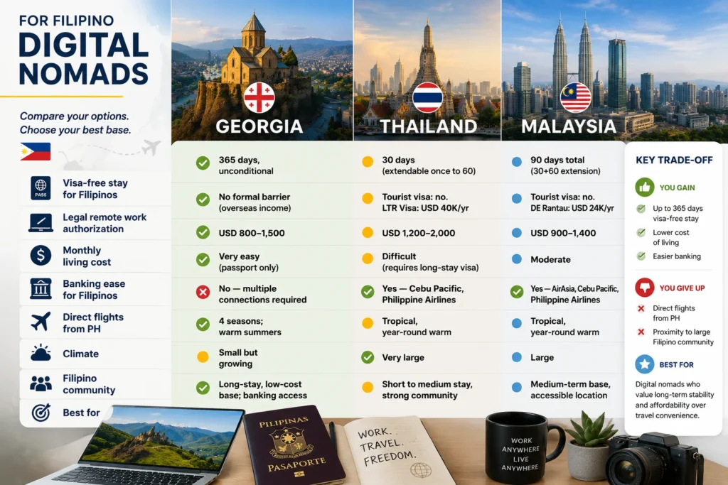 Georgia Visa-Free Filipino Citizens comparison with Thailand and Malaysia for digital nomads, highlighting visa-free stay duration, living costs, banking access, and remote work advantages.