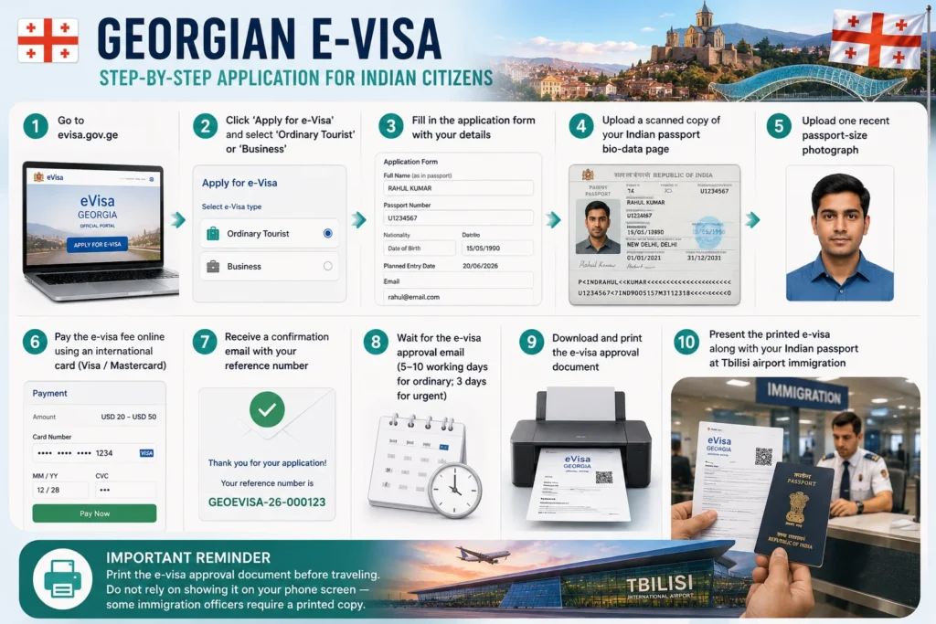Georgian e-visa step-by-step application process for Indian citizens, from online application to approval and arrival in Georgia.