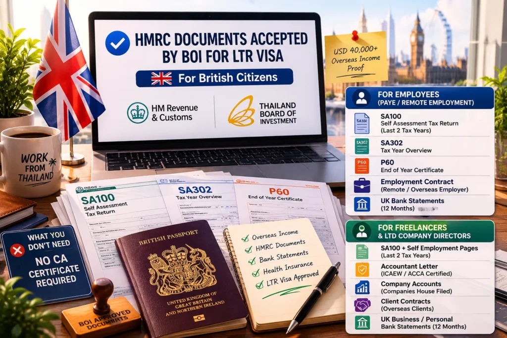 HMRC income documentation accepted by BOI for Thailand LTR Visa British Citizens, including SA100, SA302, P60, accountant letters, and UK bank statements.