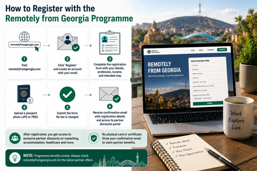 Step-by-step online registration process for the Remotely from Georgia Programme including account creation, application form, passport upload, and confirmation email