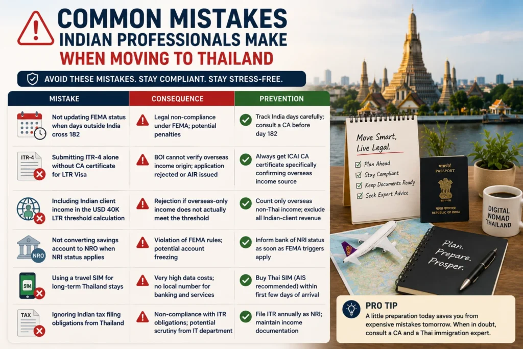 India to Thailand digital nomad relocation mistakes involving FEMA compliance, LTR Visa documentation, NRO accounts, taxation, and banking setup