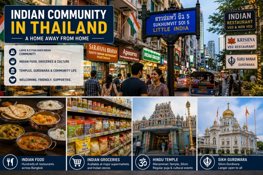 India to Thailand digital nomad community in Bangkok featuring Indian restaurants, cultural landmarks, Hindu temples, Sikh Gurdwara, and Indian professionals living in Thailand