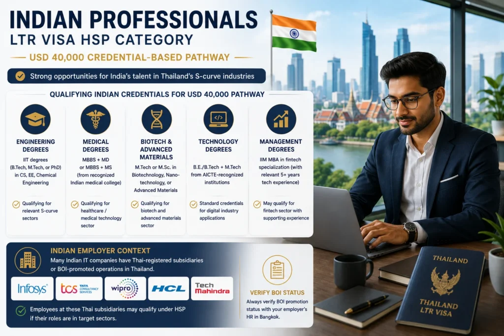 Indian professionals in technology, healthcare, engineering, and fintech assessing eligibility for the LTR Visa Highly Skilled Professional category in Thailand.