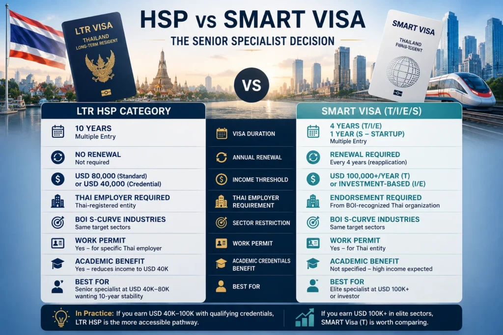 Comparison of LTR Visa Highly Skilled Professional and SMART Visa categories showing visa duration, income requirements, employer criteria, and eligibility for skilled professionals in Thailand