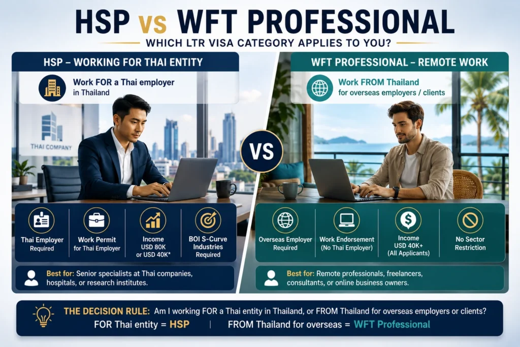 Comparison between LTR Visa Highly Skilled Professional and WFT Professional categories showing Thai employer requirements, income thresholds, and eligibility pathways in Thailand.