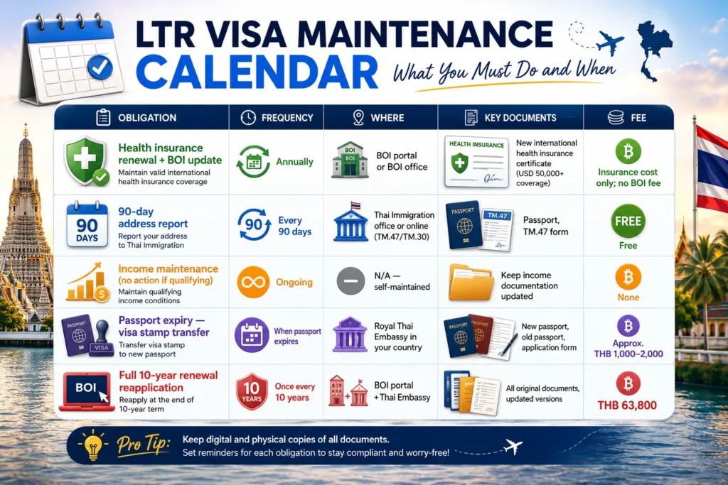 LTR Visa Renewal Process maintenance calendar showing health insurance renewal, 90-day reporting, passport transfer requirements, and 10-year renewal timeline in Thailand.