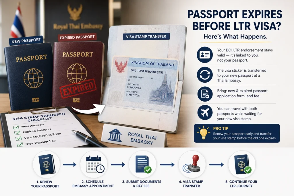 LTR Visa Renewal Process scenario showing passport expiry, visa stamp transfer to a new passport, and Thai Embassy procedures for LTR Visa holders.