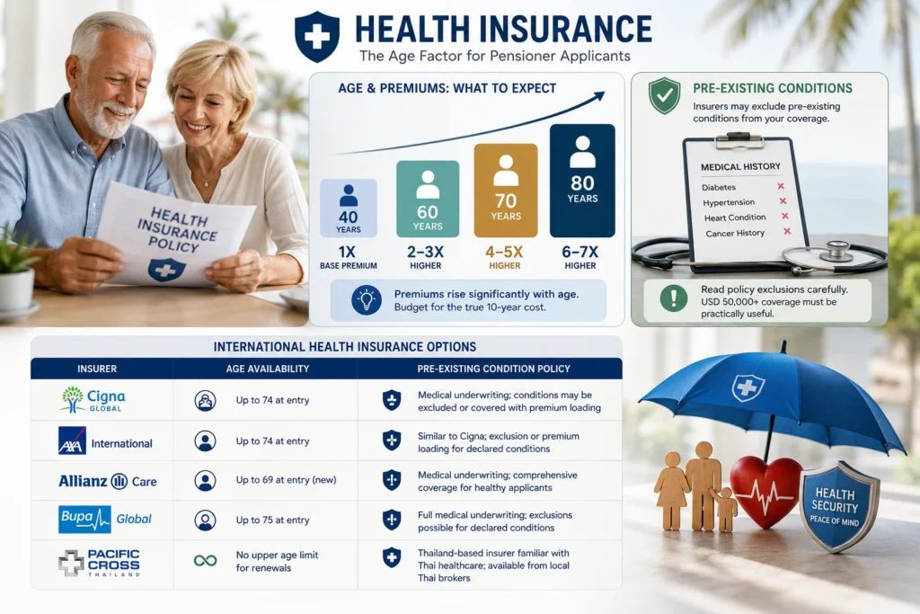 Retiree reviewing international health insurance options and age-related coverage requirements for the LTR Visa Wealthy Pensioner Category in Thailand.