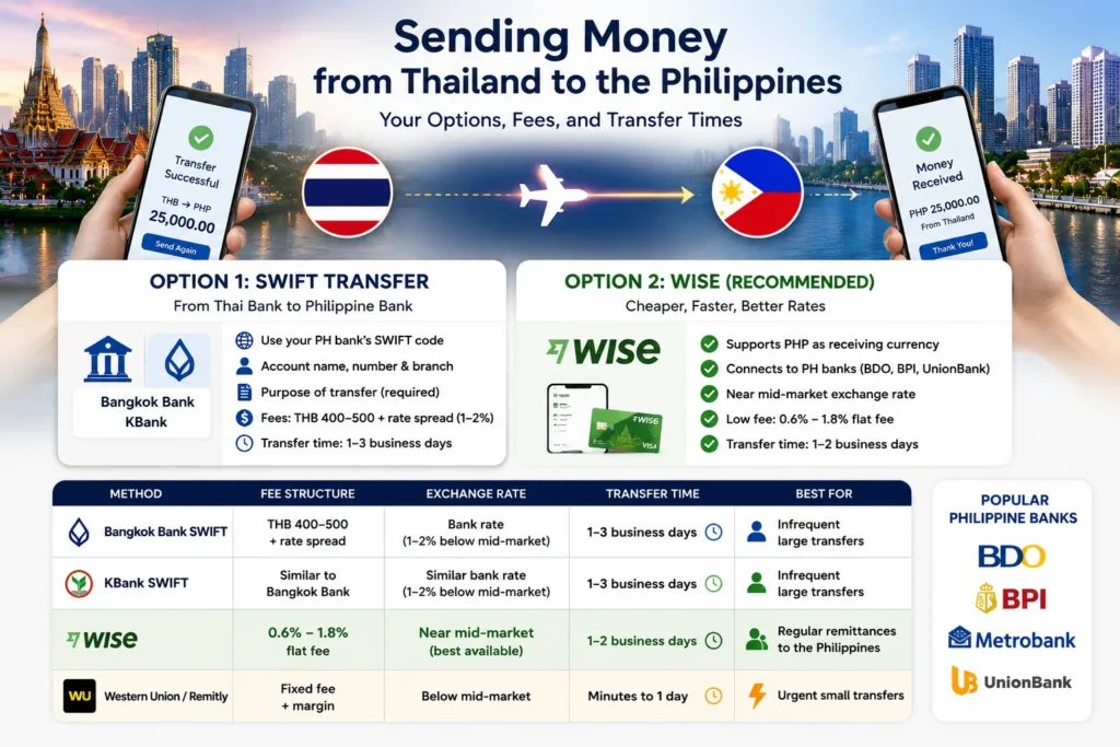 Comparison of Bangkok Bank, KBank, and Wise for Thai bank account Filipino nationals, covering transfers, fees, mobile banking, and remittance options.