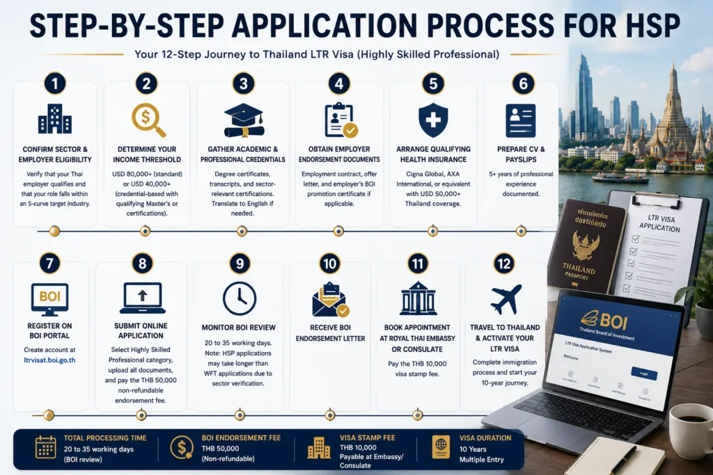 Step-by-step application process for the LTR Visa Highly Skilled Professional category, including eligibility verification, document preparation, BOI submission, approval, and Thailand visa issuance.