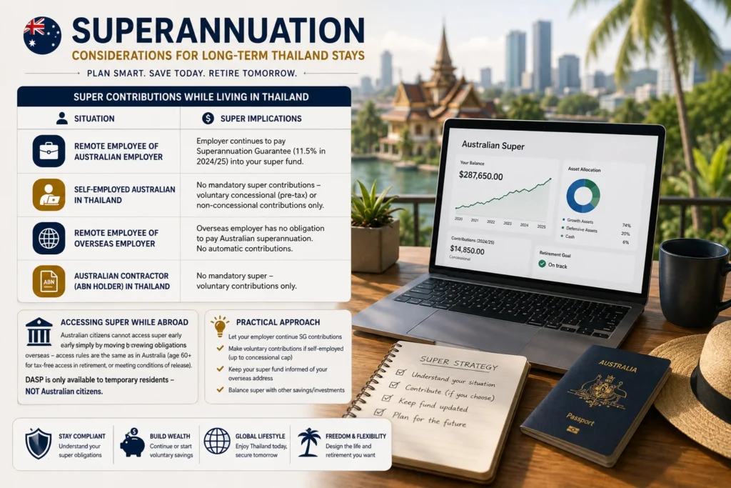Australian professional in Thailand reviewing superannuation retirement planning while living abroad on a Thailand LTR Visa
