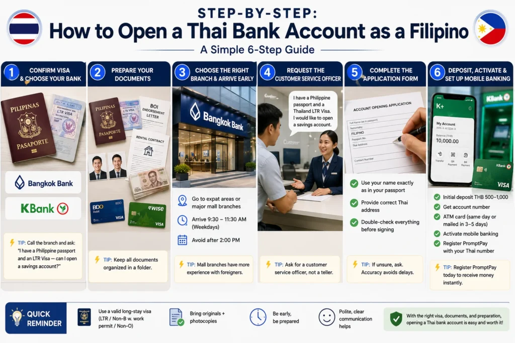 Step-by-step process for Thai bank account Filipino nationals, showing visa verification, document preparation, branch visit, application submission, and mobile banking setup.