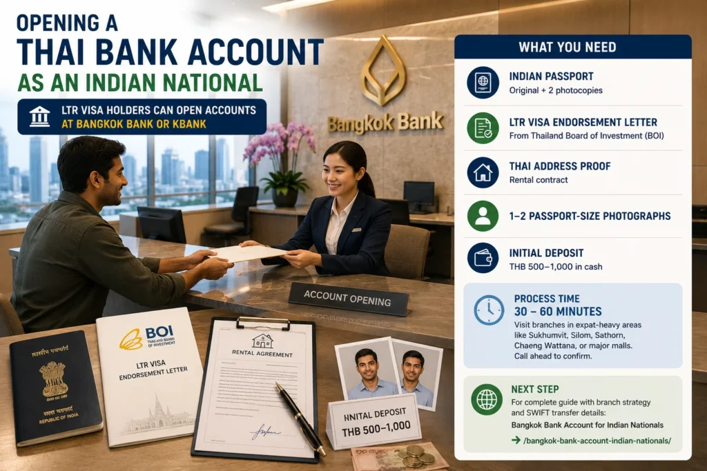 India to Thailand digital nomad opening a Thai bank account with passport, LTR Visa documents, and banking services in Bangkok