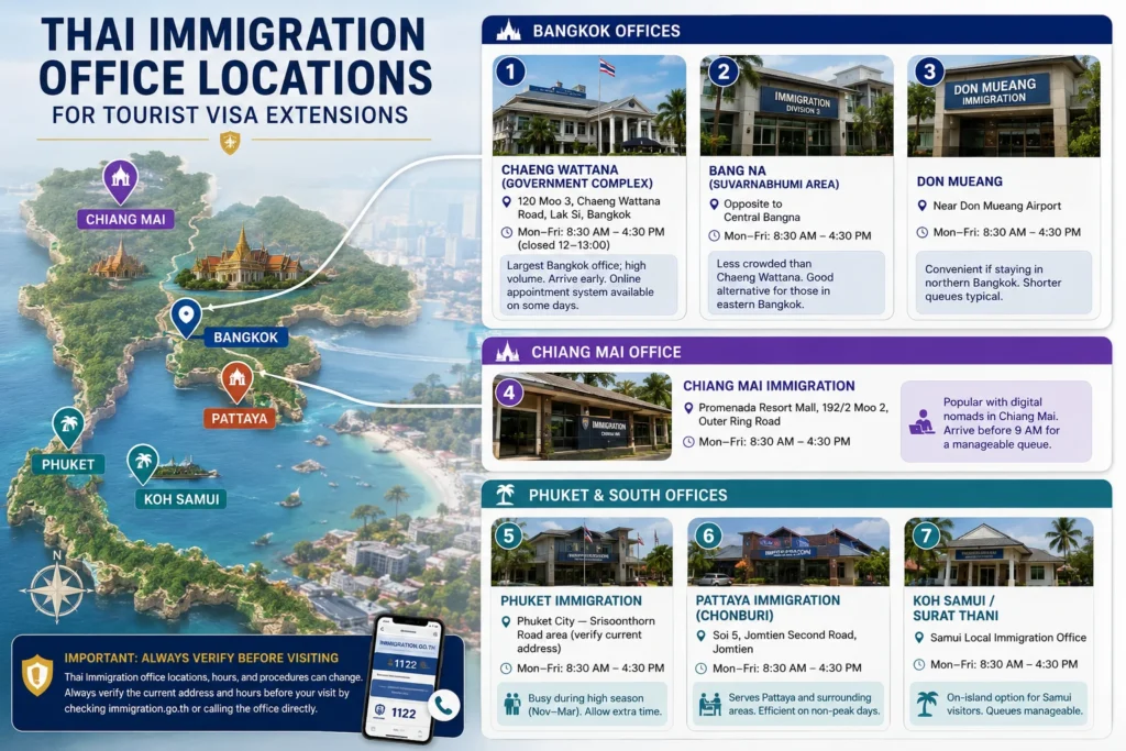Thai immigration office locations for Thailand tourist visa 60-day extension including Bangkok, Chiang Mai, Phuket, Pattaya, and Koh Samui offices