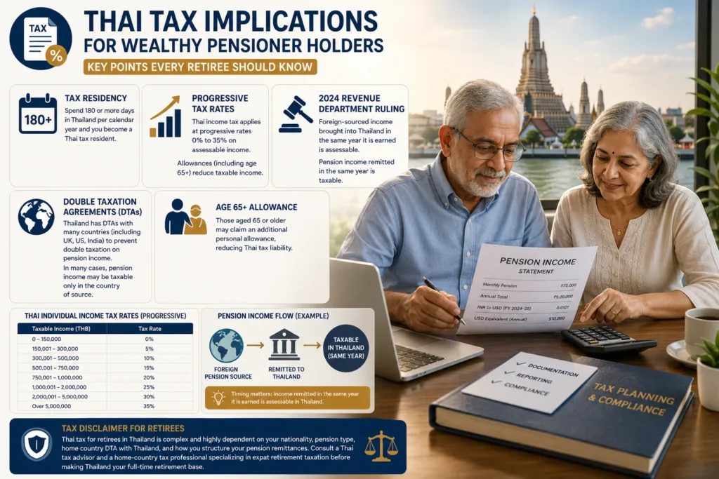 Retired expat reviewing Thai tax obligations under the LTR Visa Wealthy Pensioner Category, including tax residency rules, pension income, and double taxation agreements.