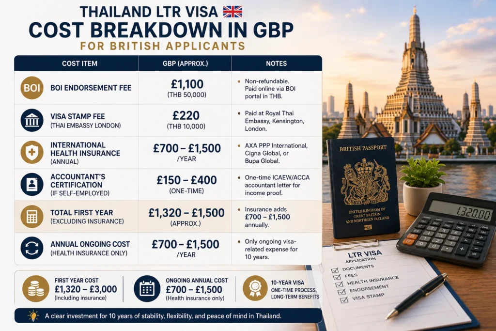 Cost breakdown in GBP for Thailand LTR Visa British Citizens, including BOI endorsement fee, visa stamp fee, health insurance costs, and accountant certification expenses.