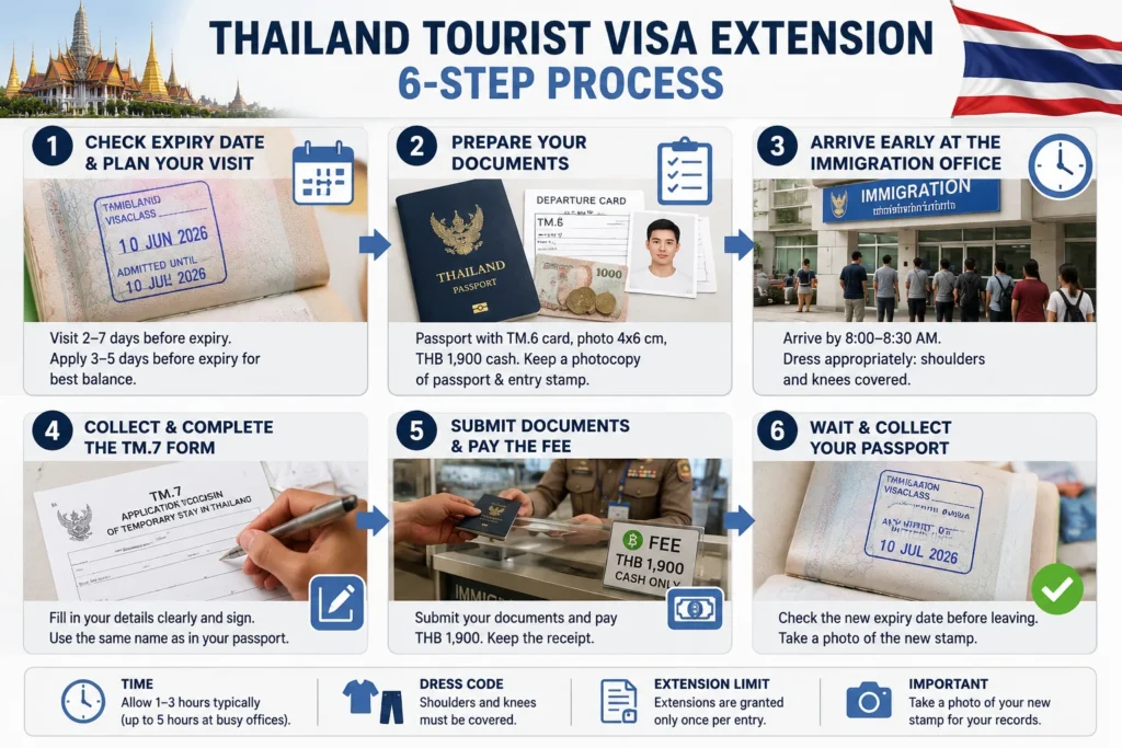 Thailand tourist visa 60-day extension 6-step process showing passport, TM.7 form, immigration office visit, fee payment, and extension approval