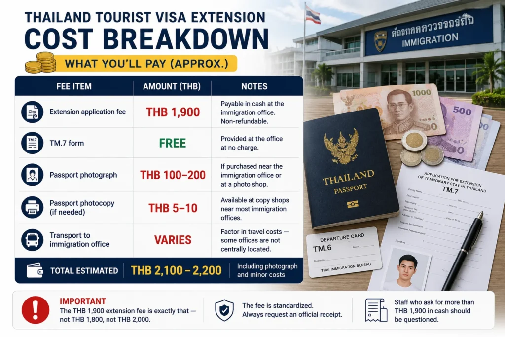 Thailand tourist visa 60-day extension fee breakdown showing THB 1,900 extension fee, TM.7 form, passport photo costs, and estimated total expenses
