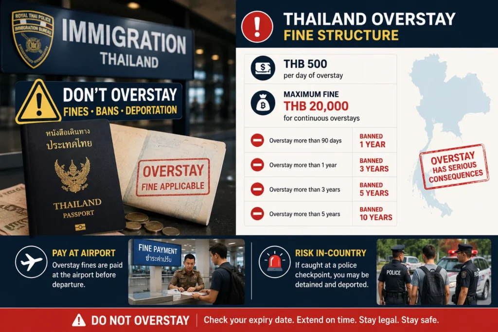 Thailand tourist visa 60-day extension overstay fines showing THB 500 daily fine, entry bans, deportation risk, and immigration penalties