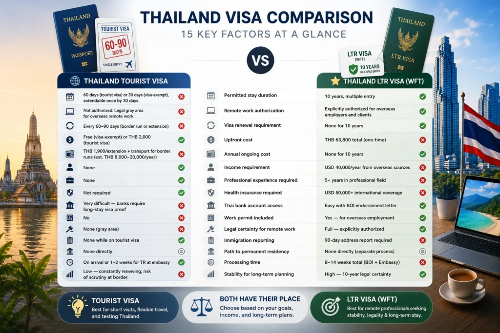 Thailand tourist visa vs LTR Visa comparison table with 15 key factors
