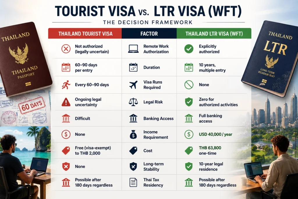 Alt Text:
tourist visa vs LTR Visa decision framework for remote workers in Thailand