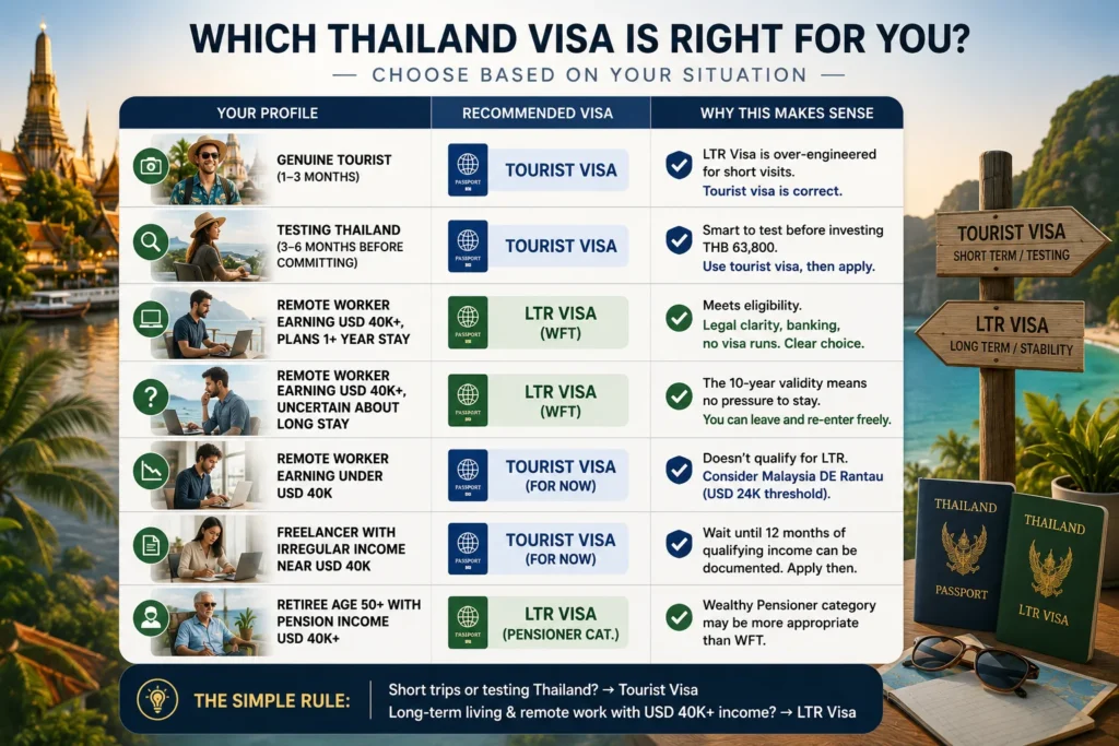 Decision framework for choosing between Thailand tourist visa vs LTR Visa