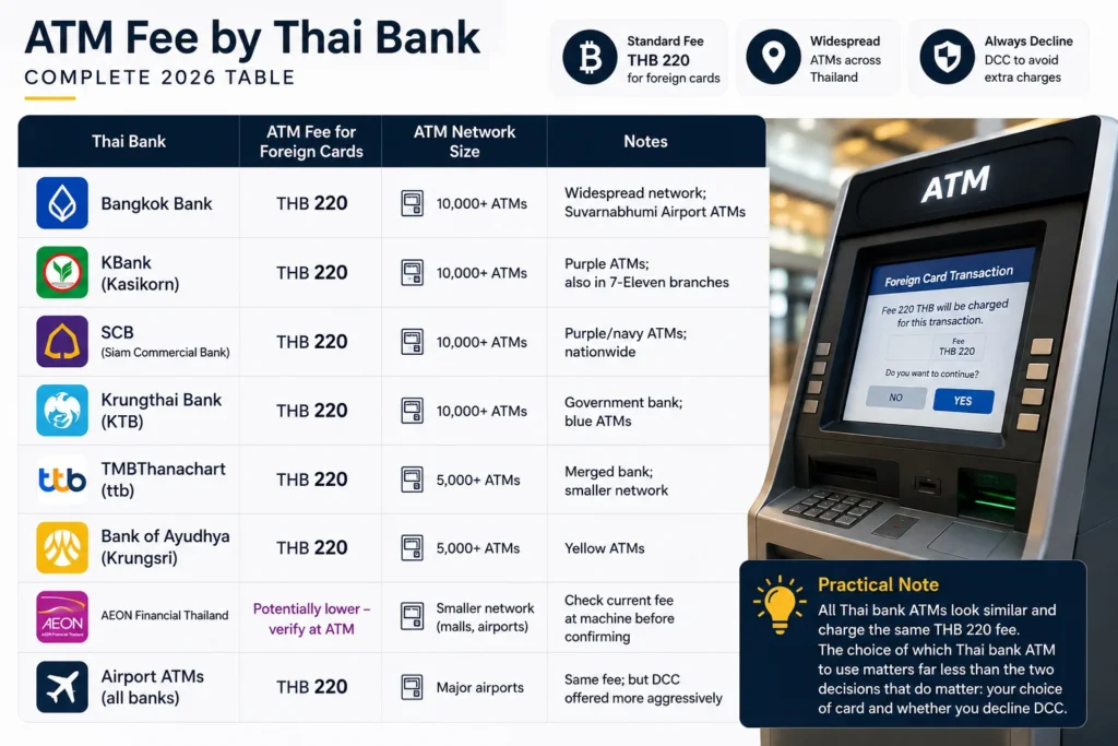ATM fees foreign cards Thailand comparison table showing ATM withdrawal fees charged by major Thai banks in 2026.