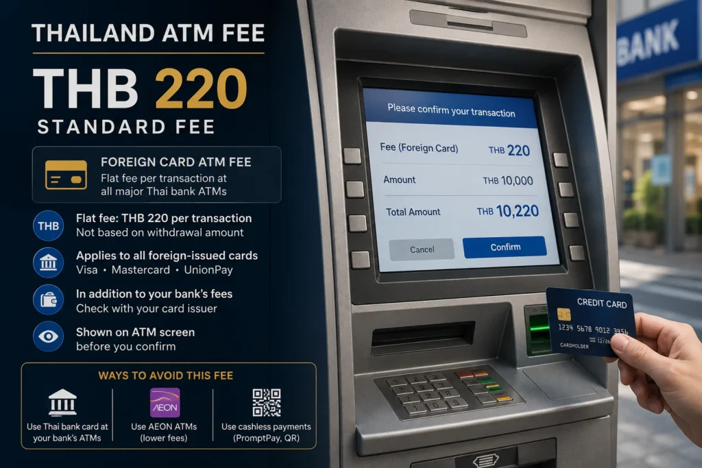 ATM fees foreign cards Thailand showing a Thai bank ATM displaying the standard THB 220 withdrawal fee charged to foreign debit and credit cards.
