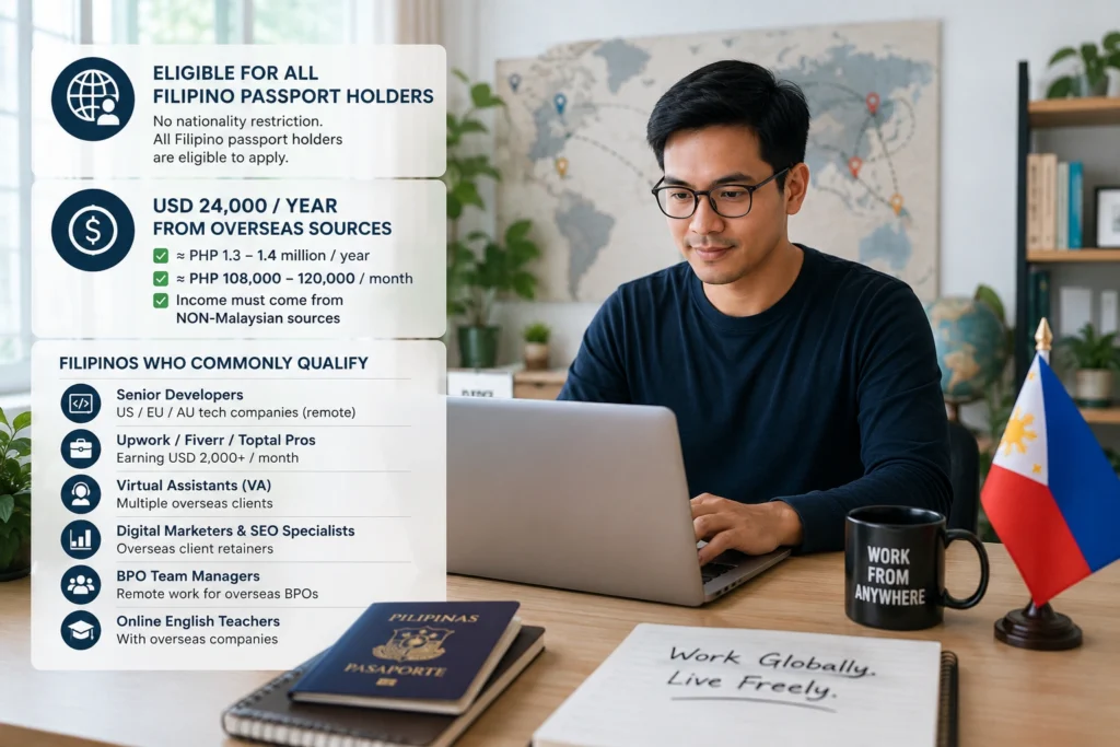 Eligibility requirements for DE Rantau Filipino citizens applying for Malaysia's DE Rantau Digital Nomad Pass, including income, remote work, and required documents.