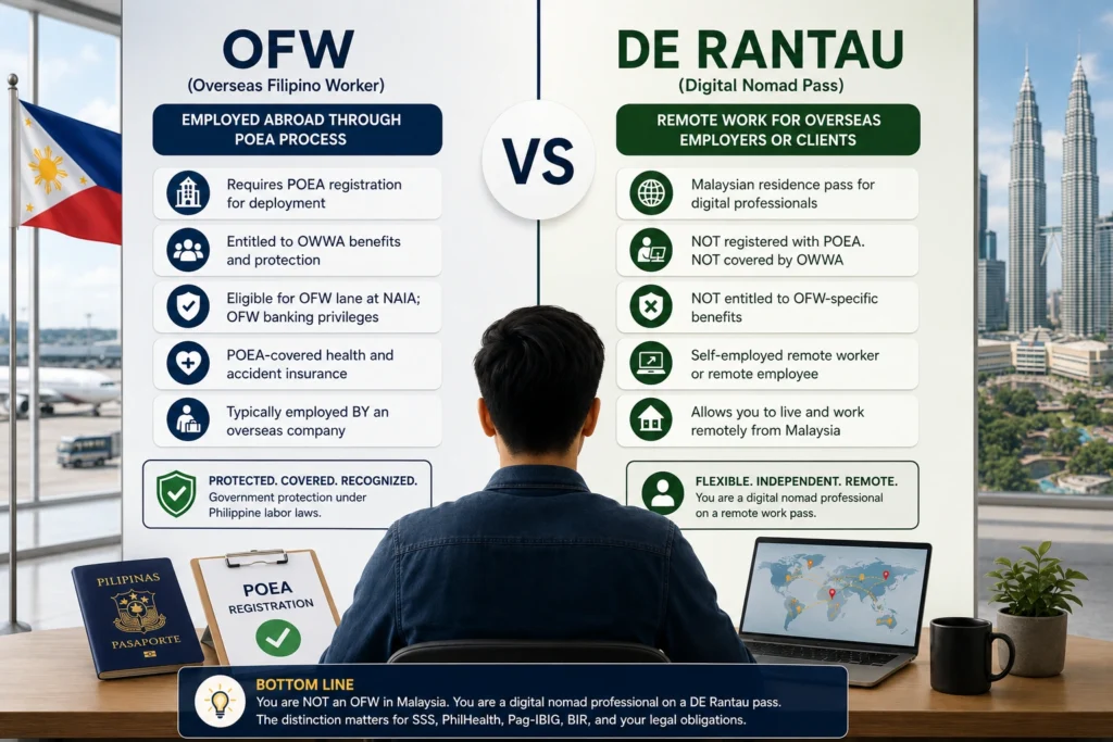 Comparison of OFW and digital nomad status for DE Rantau Filipino citizens, highlighting key differences in employment, benefits, and eligibility.