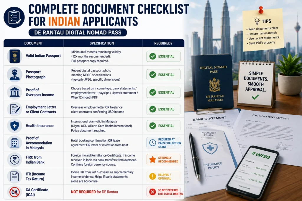 DE Rantau Indian citizens document checklist showing the required documents, income proof, passport, and supporting paperwork for Malaysia's Digital Nomad Pass.
