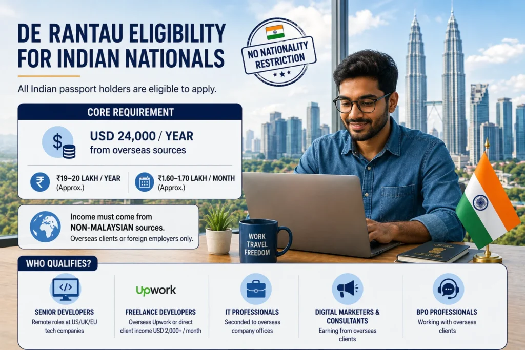 DE Rantau Indian citizens eligibility requirements for Malaysia's Digital Nomad Pass, including income criteria, required documents, and application qualifications.