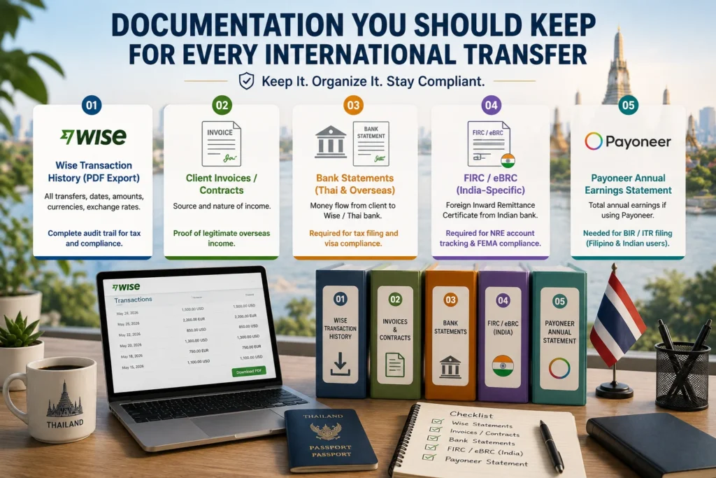 Essential documents to keep when receiving USD and EUR income in Thailand legally, including invoices, contracts, payment records, bank statements, and transfer confirmations.