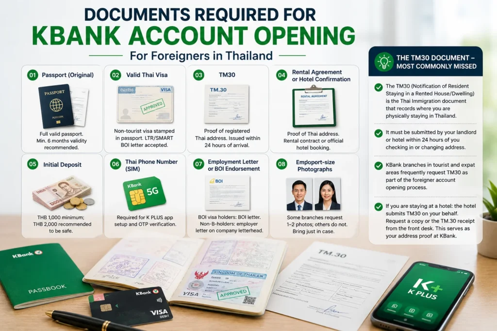 Documents required for KBank Kasikorn for foreigners account opening in Thailand, including passport, visa, proof of address, and initial deposit
