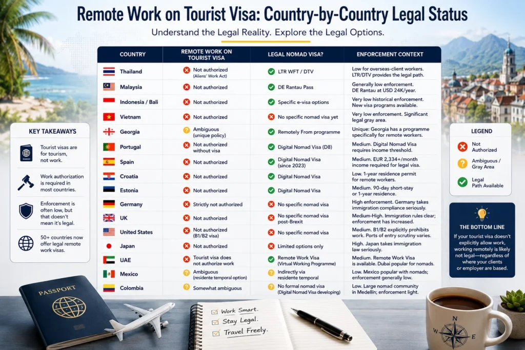 Global comparison chart showing country-by-country legal status to explain is working remotely on tourist visa legal under different immigration laws.