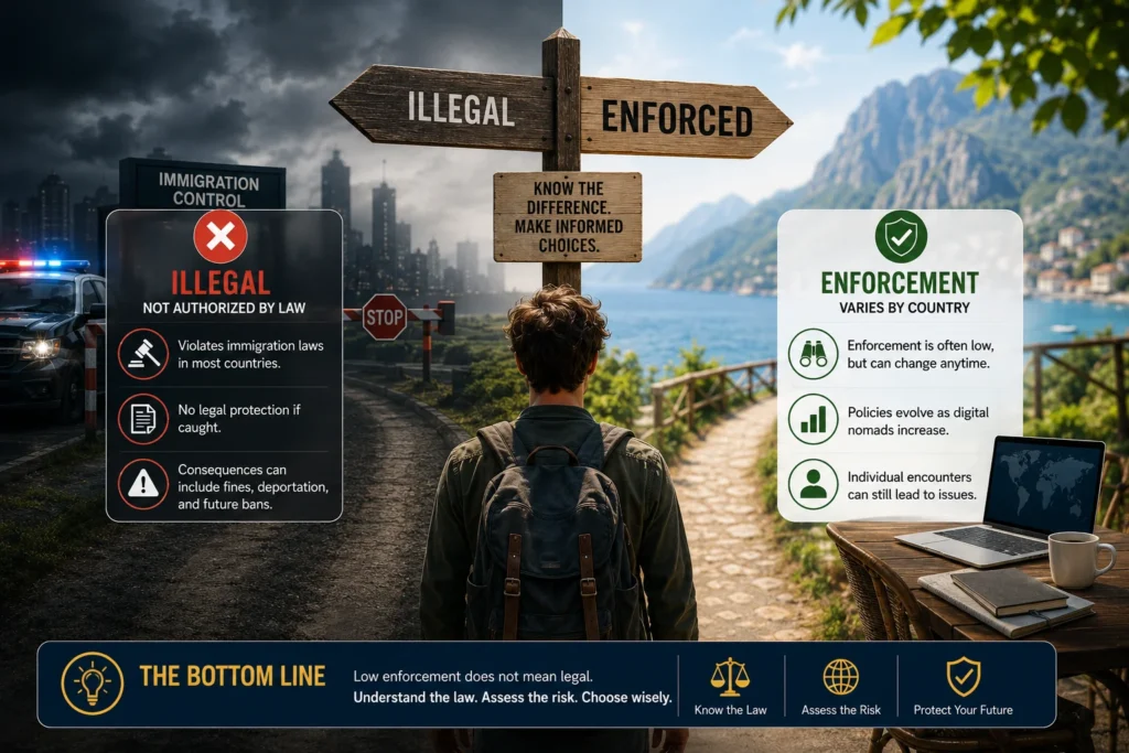 Diagram illustrating the difference between enforcement and legality to explain is working remotely on tourist visa legal under immigration laws in different countries.
