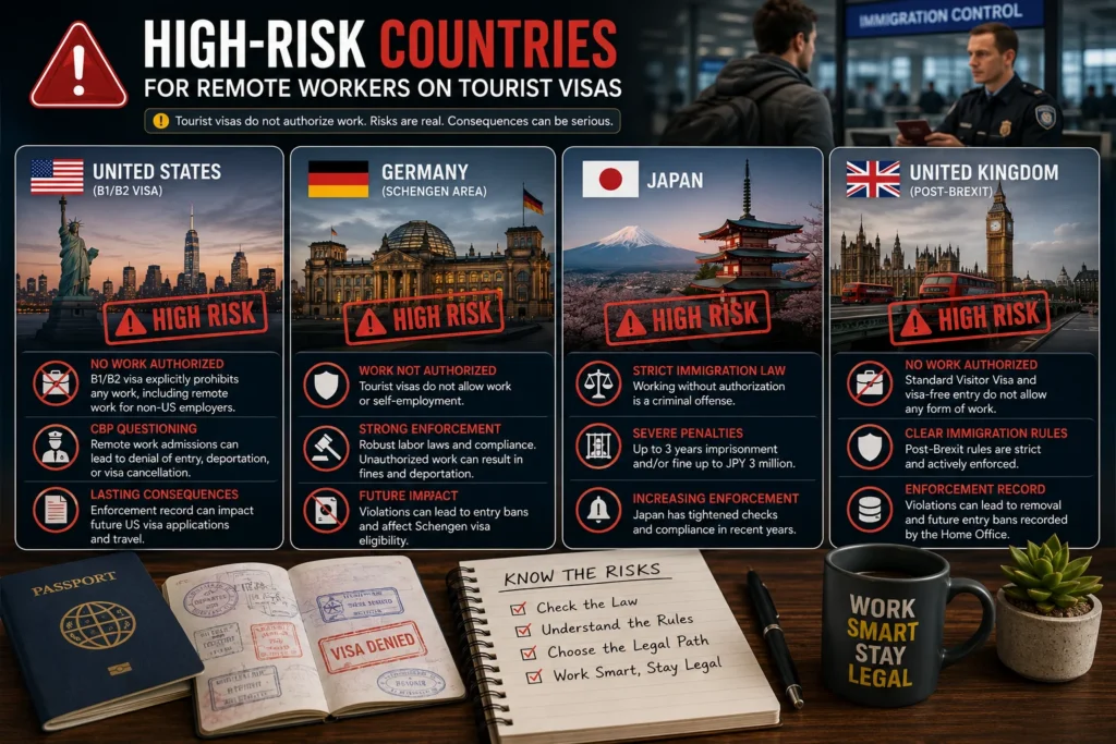 World map highlighting high-risk countries where is working remotely on tourist visa legal is strictly regulated and immigration enforcement is more likely.