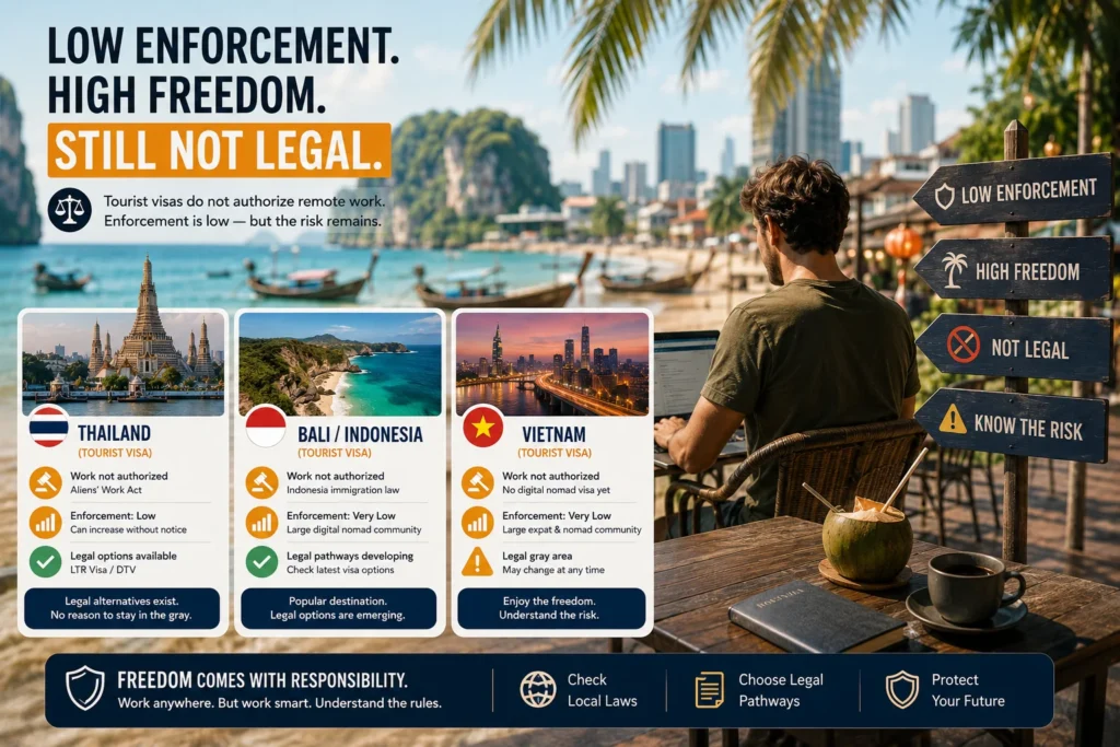 Illustration explaining why is working remotely on tourist visa legal remains a common question despite low enforcement risk in many countries and the lack of legal work authorization.