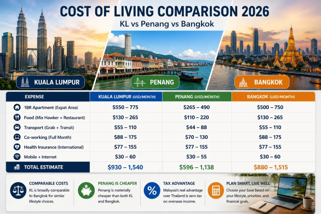 Malaysia digital nomad cost of living comparison between Kuala Lumpur, Penang, and Bangkok, including housing, food, transport, and monthly expenses in 2026.