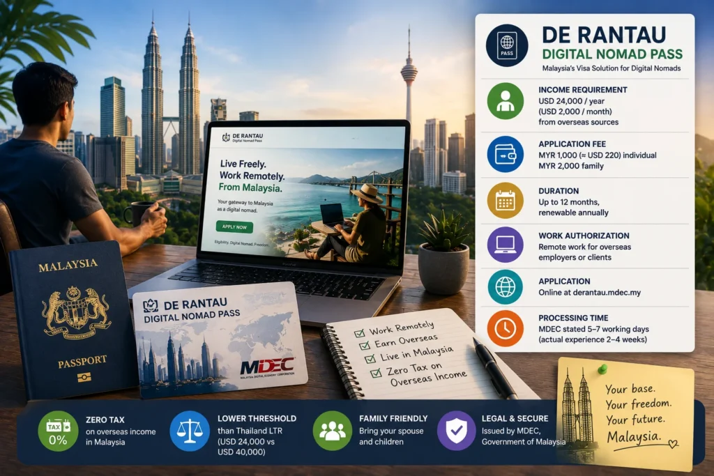 Malaysia digital nomad DE Rantau Digital Nomad Pass highlighting visa eligibility, remote work authorization, application requirements, and relocation to Malaysia.