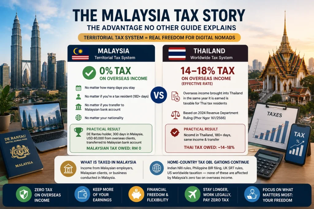 Malaysia digital nomad tax overview explaining the territorial tax system, overseas income exemption, and DE Rantau visa benefits for remote workers.